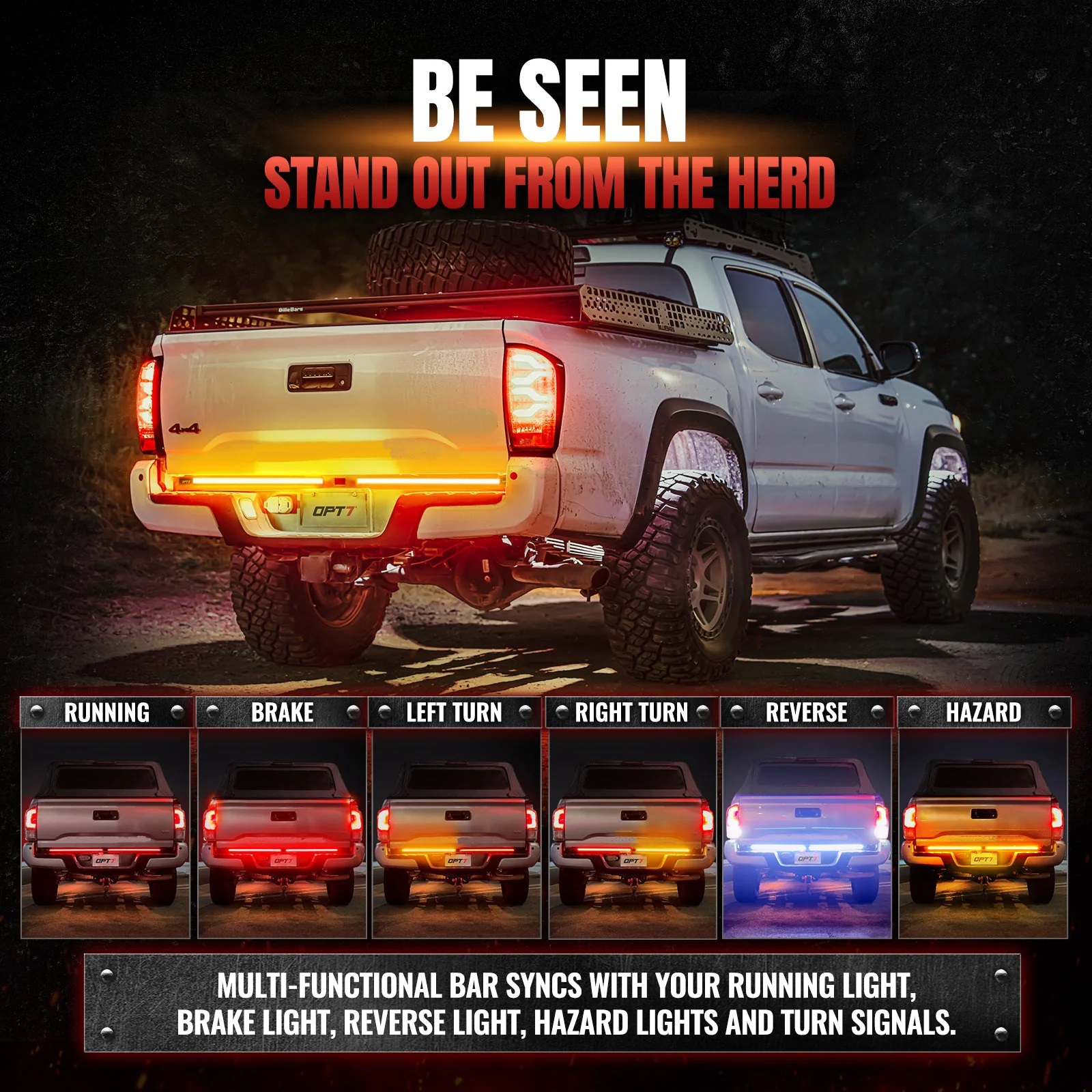 OPT7 Redline Parlux Triple Row LED Tailgate Light Bar Bundle with 7 Pin to 4 Pin Trailer Extension Adapter Harness with Reverse Wire for Tacoma (2005-2023) - Image 3