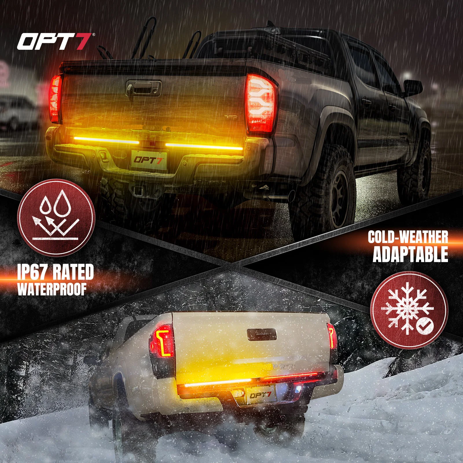 OPT7 Redline Parlux Triple Row LED Tailgate Light Bar Bundle with 7 Pin to 4 Pin Trailer Extension Adapter Harness with Reverse Wire for Tacoma (2005-2023) - Image 4