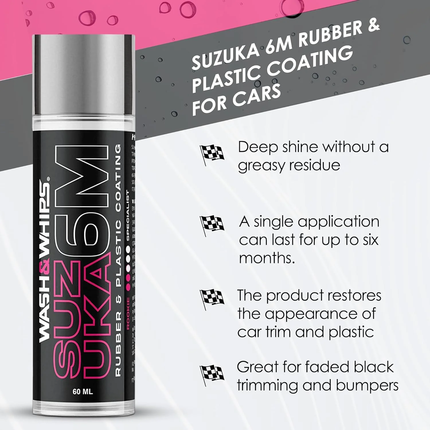 WASH&WHIPS Suzuka 6M Rubber & Plastic Coating for Cars, Restores and Brings Back Black (Concentrated Formula Non-Greasy, 60ml) - Image 4